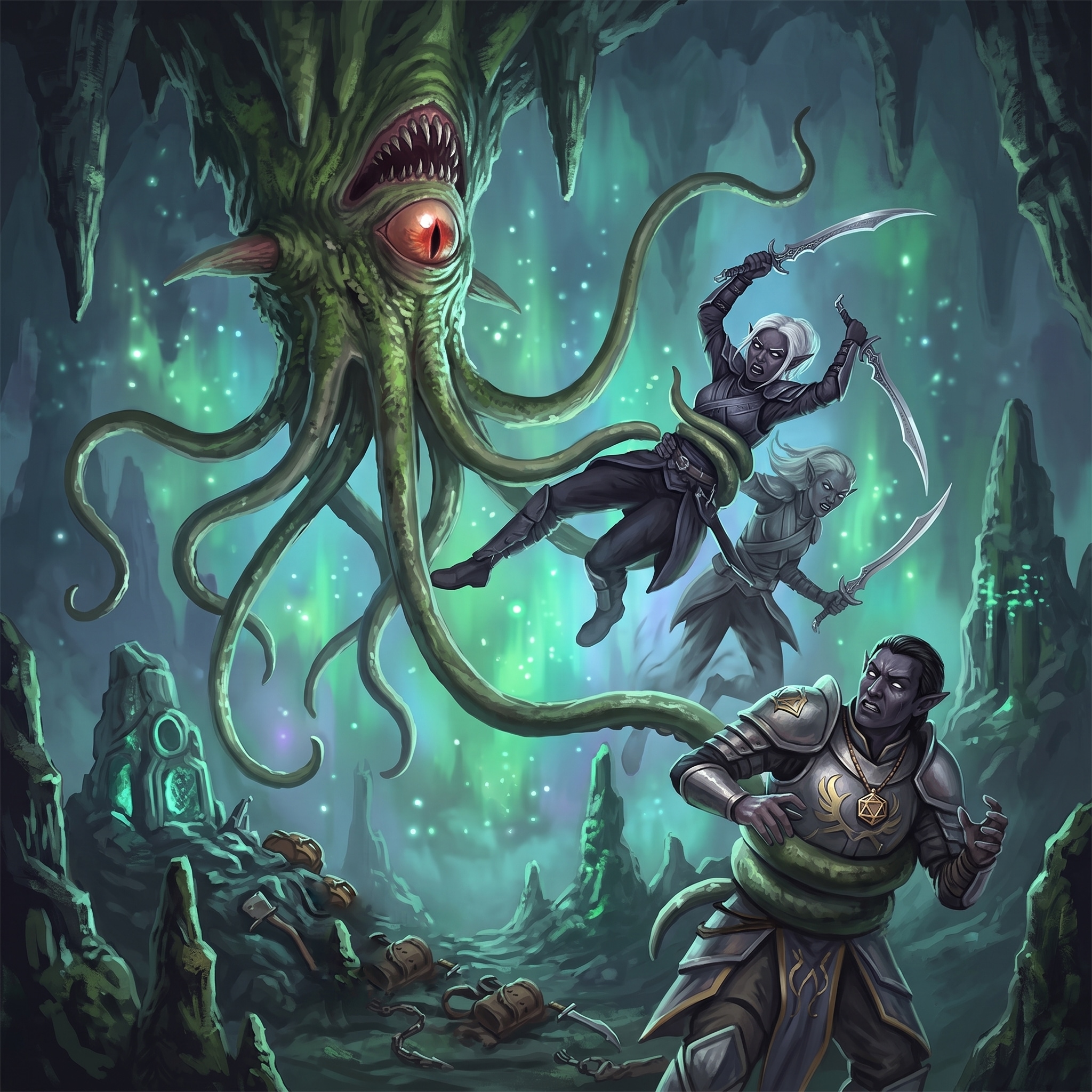 A roper drags one of the drow toward the cavern ceiling